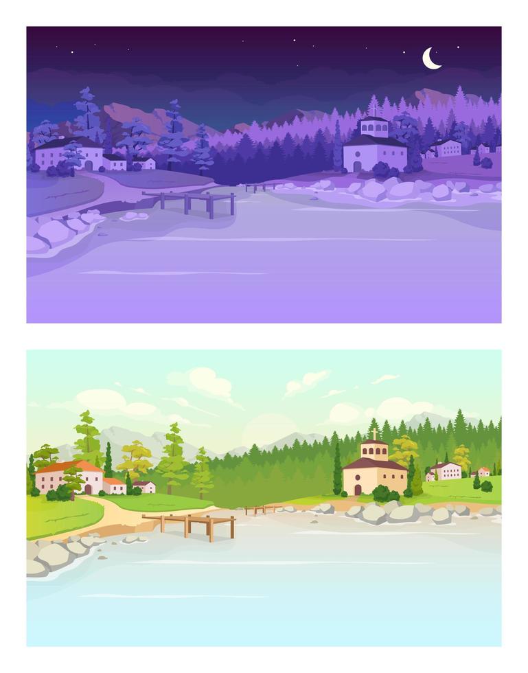 Day and night village flat color vector illustration
