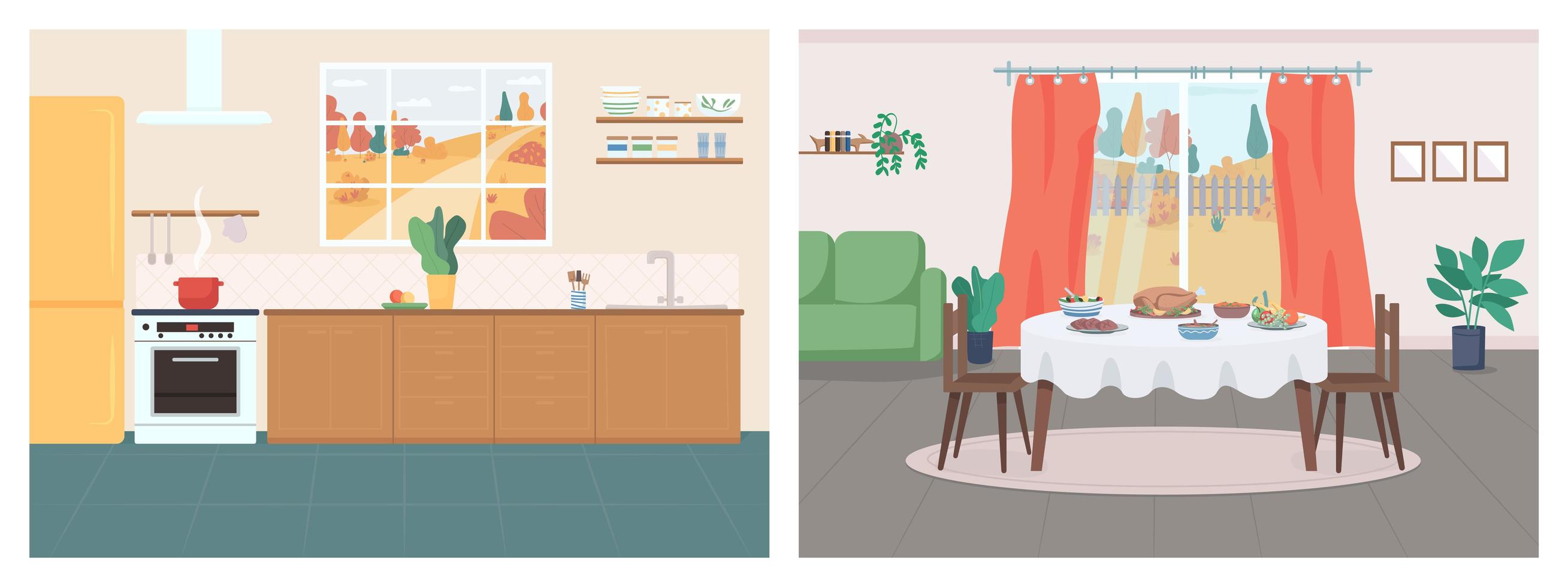 Cozy home flat color vector illustration set