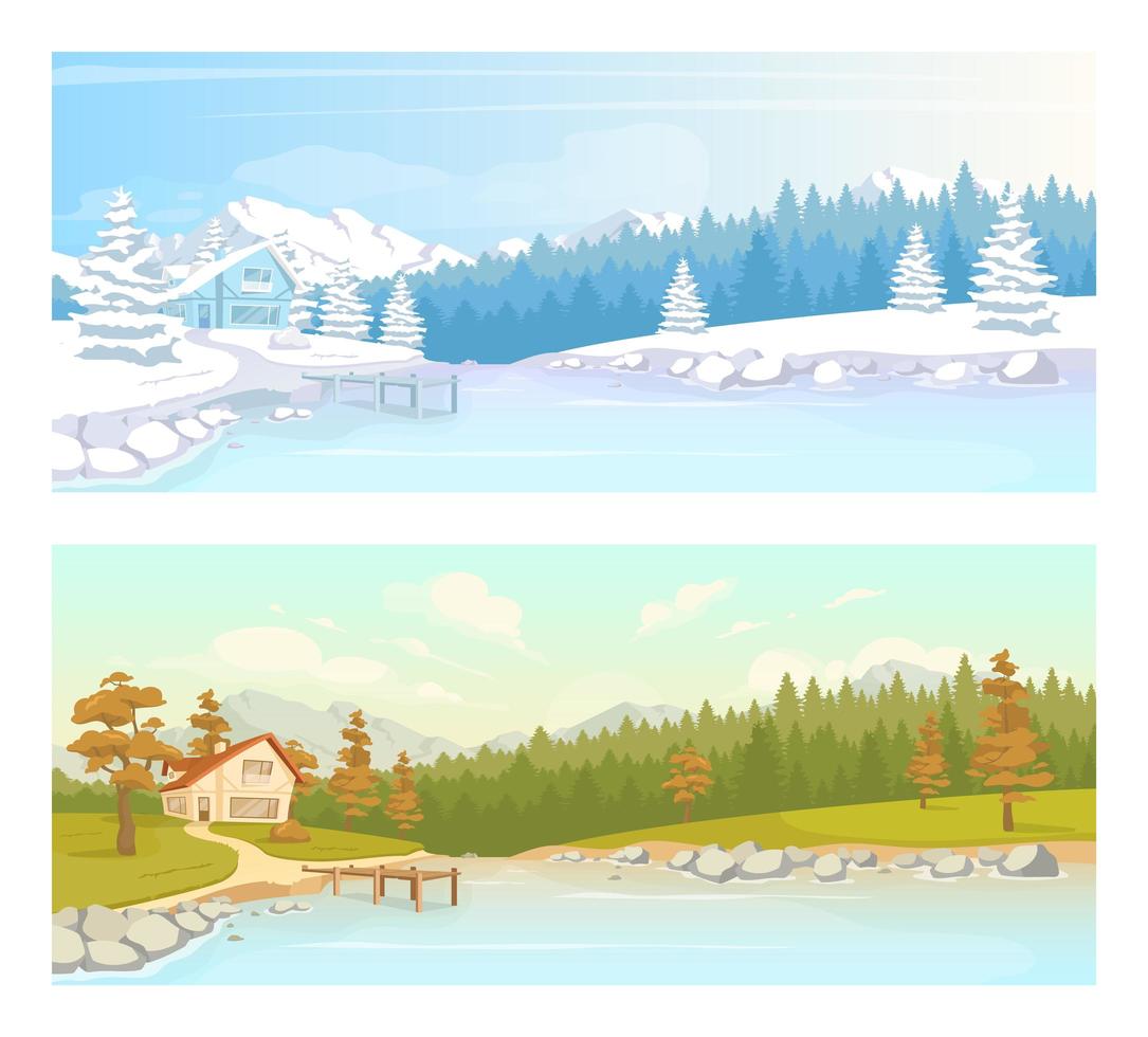 Seasonal countryside scenery flat color vector illustration set