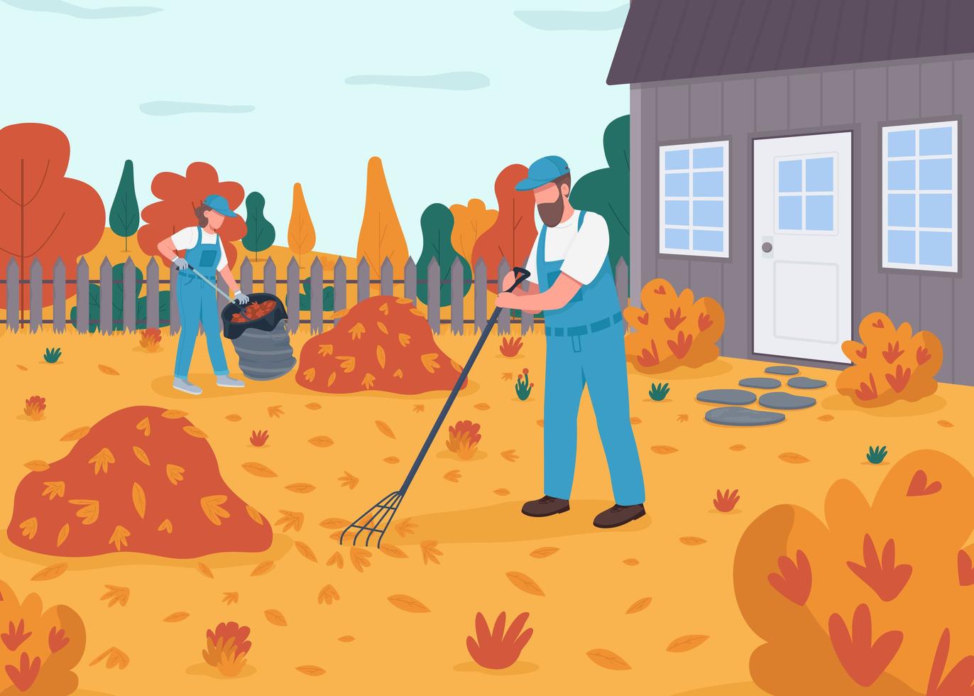 Raking leaves flat color vector illustration