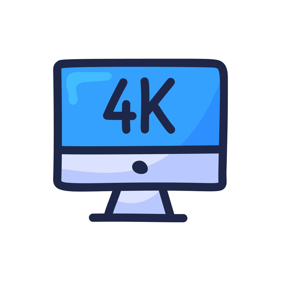 4k movie monitor simple outline color icon isolated on white. Cartoon hand draw vector illustration