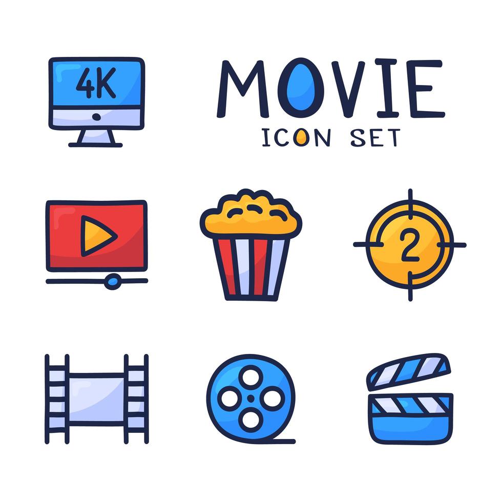 conjunto simple de iconos de contorno de dibujos animados vectoriales relacionados con el cine. contiene íconos como películas 4k, palomitas de maíz, videoclips y más. mano dibujar ilustración vectorial vector