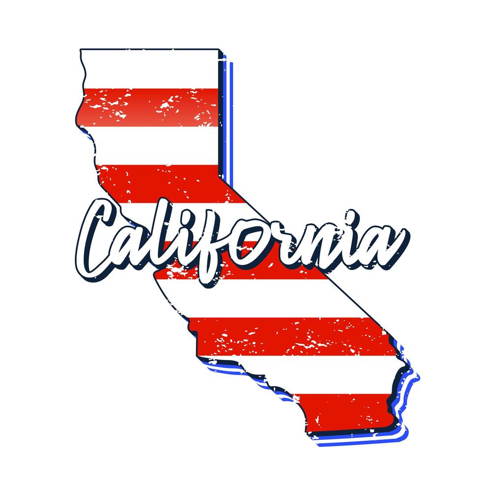 bandera americana en el mapa del estado de california. estilo grunge vector con tipografía letras dibujadas a mano california en el mapa en forma de bandera nacional americana vintage grunge antiguo aislado sobre fondo blanco