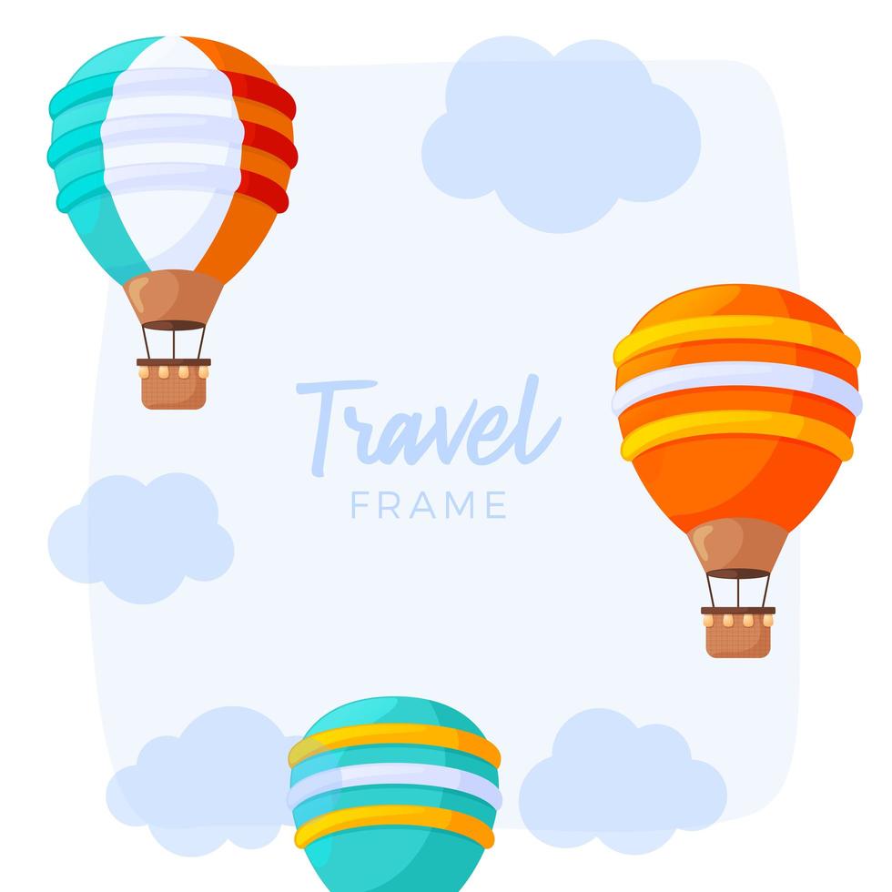 Marco de viaje en globo aerostático a rayas con nubes y un cielo azul al fondo. icono de ilustración vectorial, cartel, plantilla de diseño de tarjeta de felicitación. vector