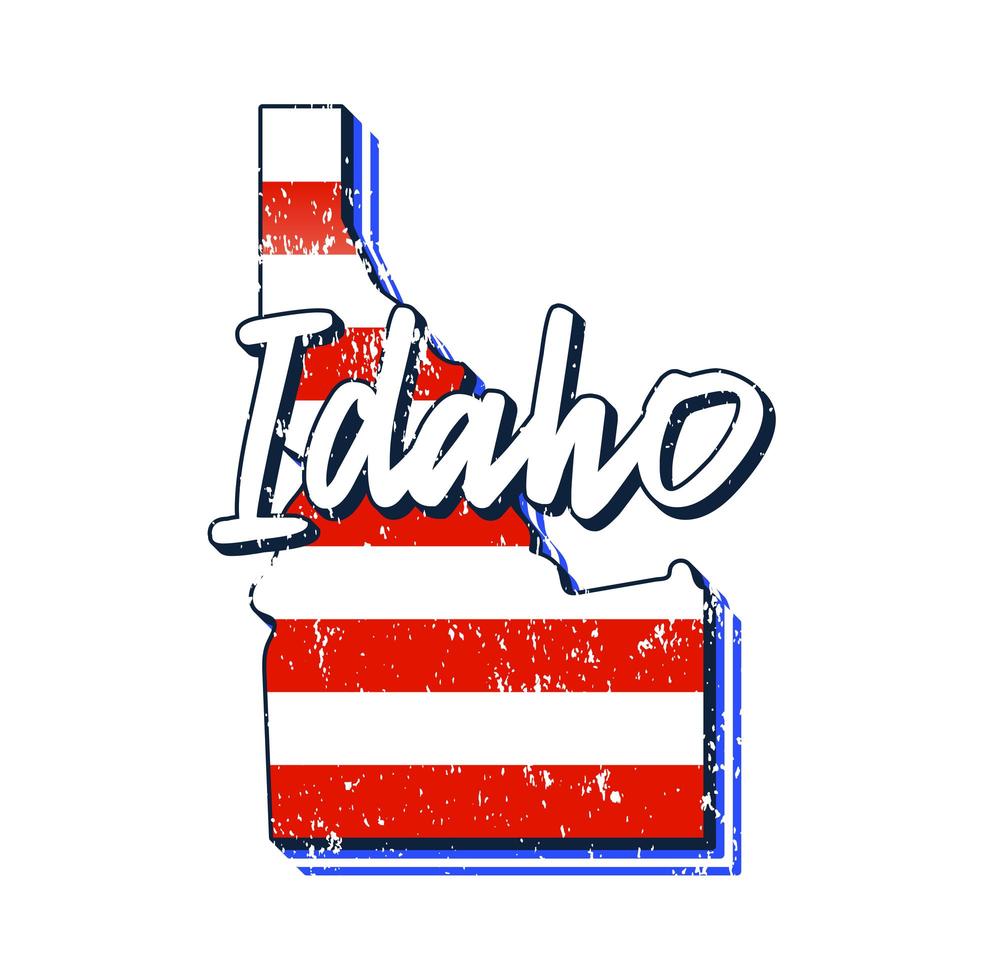 bandera americana en el mapa del estado de idaho. estilo grunge vector con tipografía letras dibujadas a mano idaho en el mapa en forma de bandera nacional americana vintage grunge antiguo aislado sobre fondo blanco