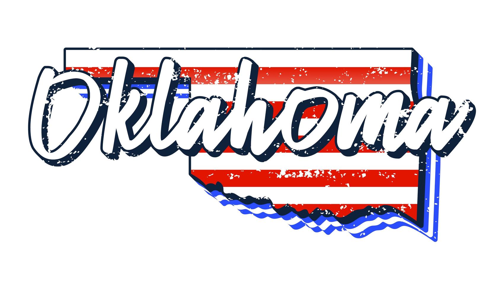 bandera americana en el mapa del estado de oklahoma. estilo grunge vector con tipografía letras dibujadas a mano oklahoma en mapa en forma de bandera nacional americana vintage grunge antiguo aislado sobre fondo blanco