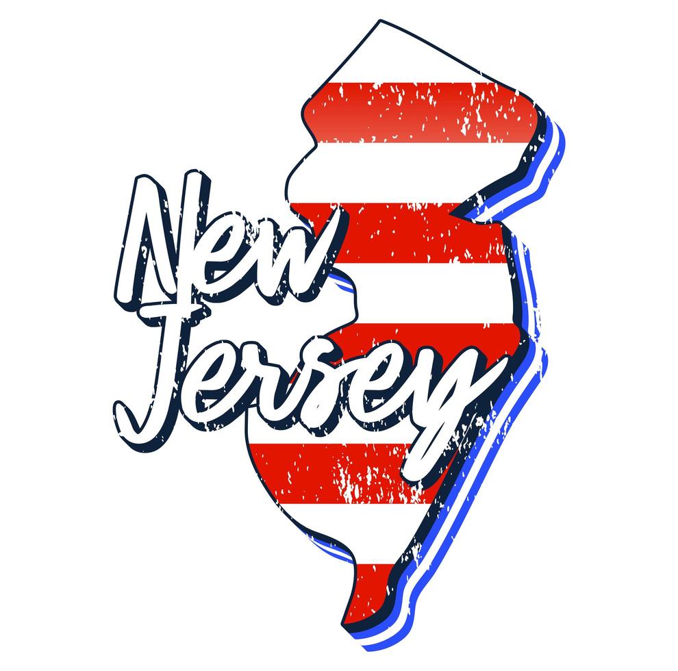 American Flag in New Jersey State Map. Vector Grunge Style With Typography Hand Drawn Lettering New Jersey on Map Shaped Old Grunge Vintage American National Flag Isolated on White Background