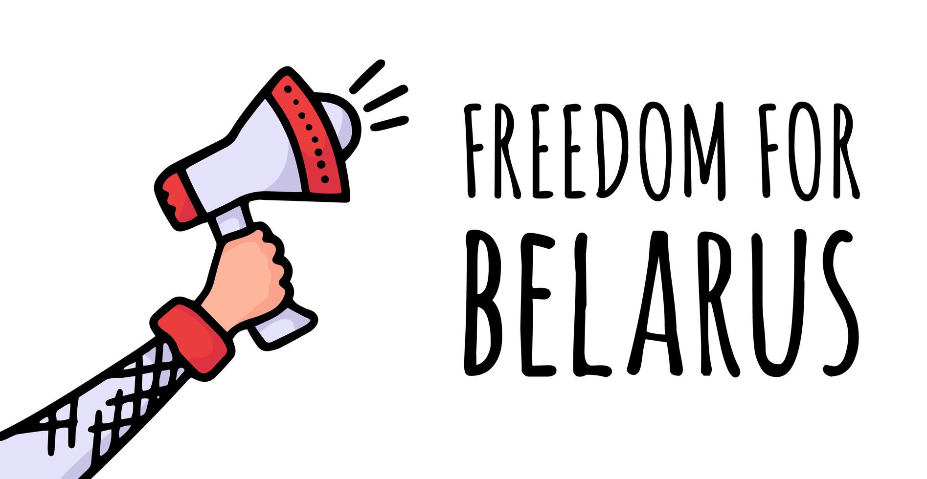 Freedom for Belarus on the poster. Protests in Belarus after the 2020 presidential elections. A raised speaker vector