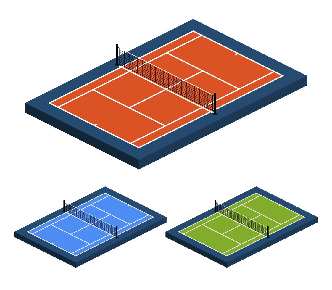 Conjunto de ilustración de vector de perspectiva isométrica de cancha de tenis con superficie diferente desde la vista superior lateral.