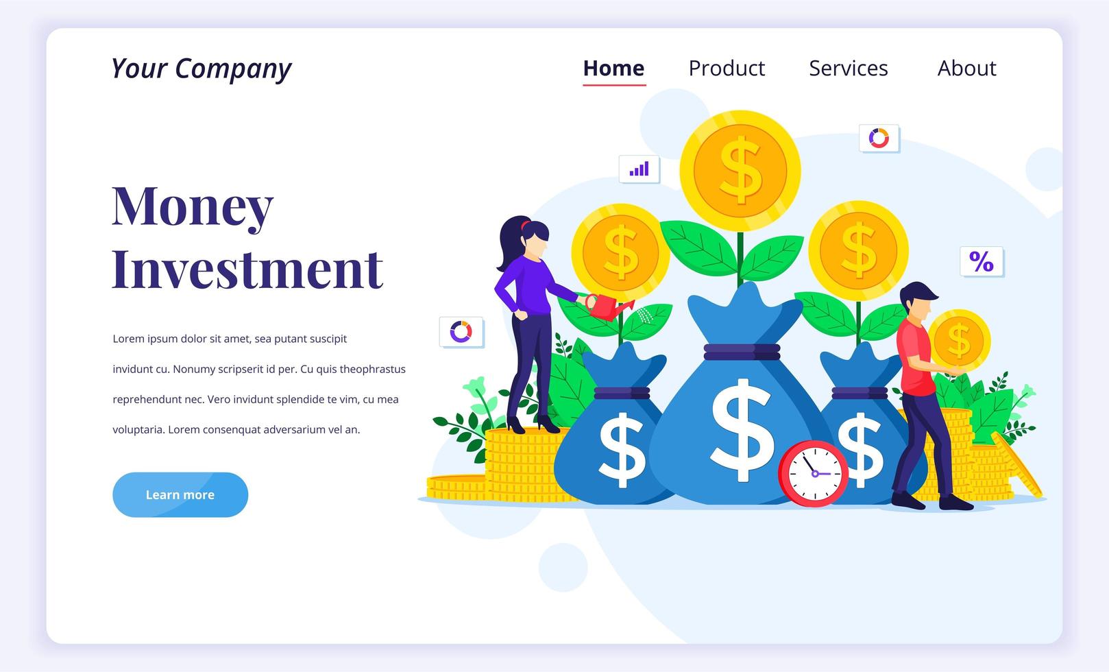 concepto de diseño de página de destino de inversión de dinero, gente que riega el árbol del dinero, recolecta monedas, aumenta el beneficio de la inversión financiera. ilustración vectorial plana vector