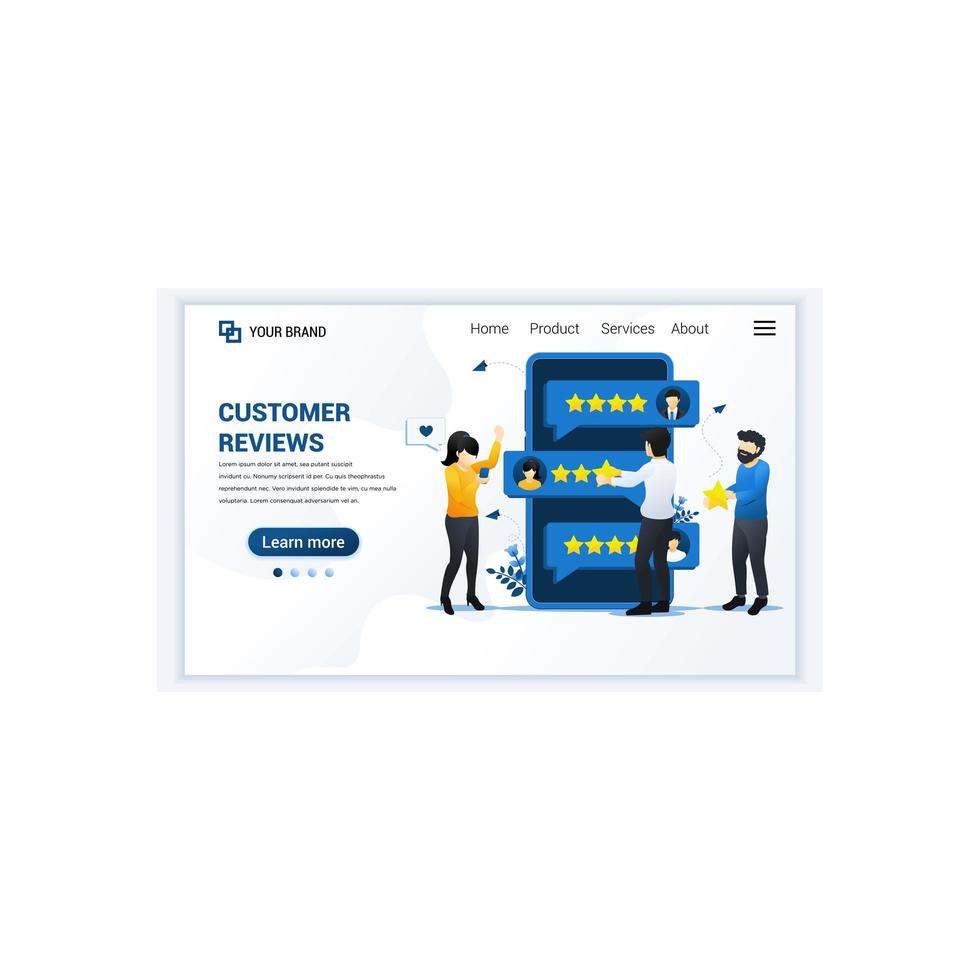 Customer reviews concept, People giving stars rating, feedback, satisfaction, and evaluation. Modern flat landing page template design for website and mobile website. Vector illustration