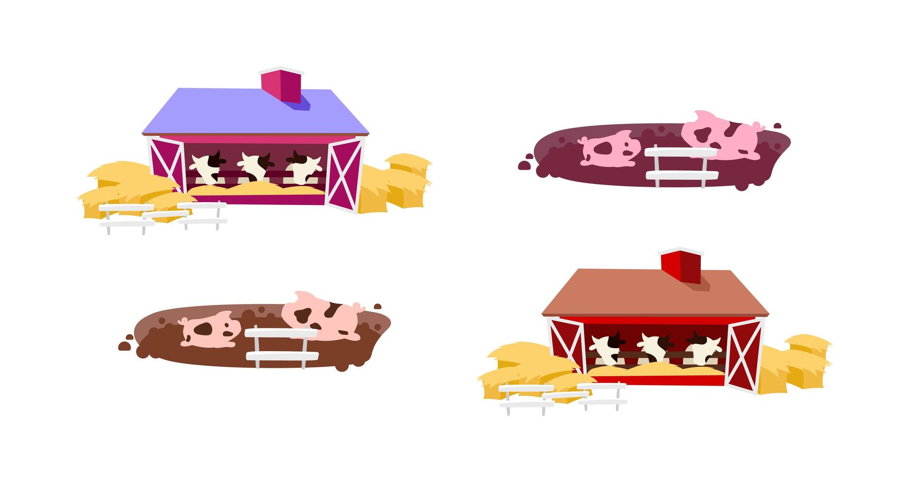 Cowsheds flat vector objects set
