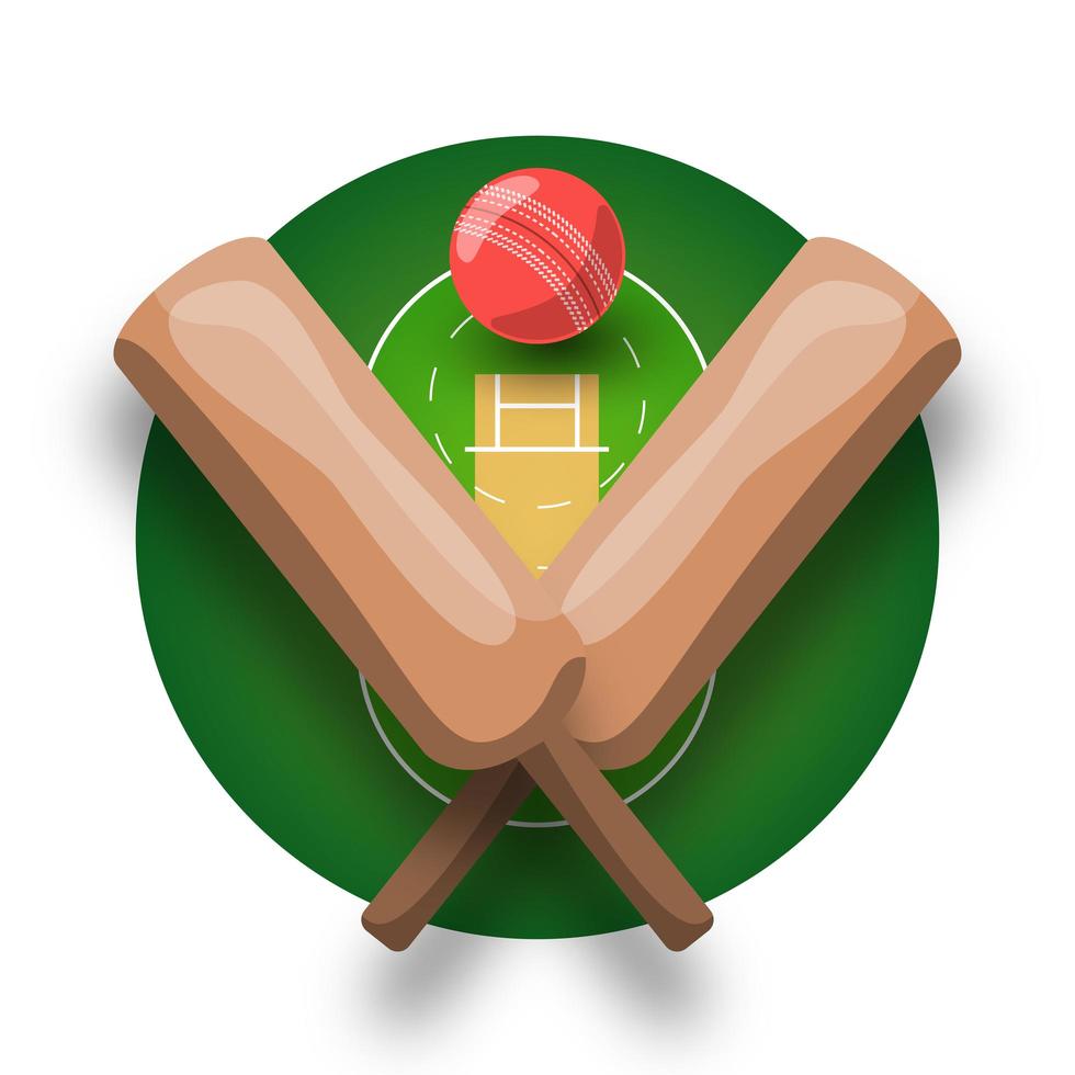 Cricket vector logo with cross bat, ball and field. Modern professional sport retro style vector emblem and template logotype design.