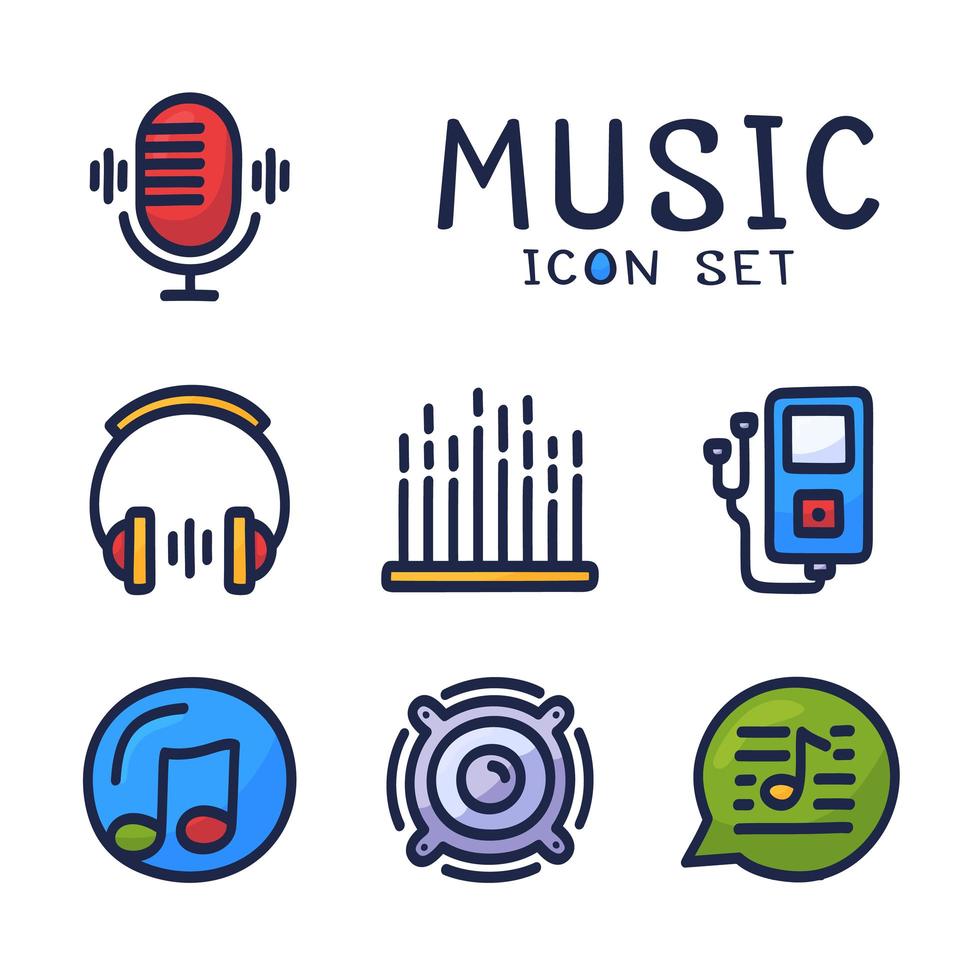 Conjunto de dibujos animados dibujados a mano de iconos de líneas vectoriales relacionadas con el audio de la música. contiene iconos como nota, disco, micrófono y más. vector