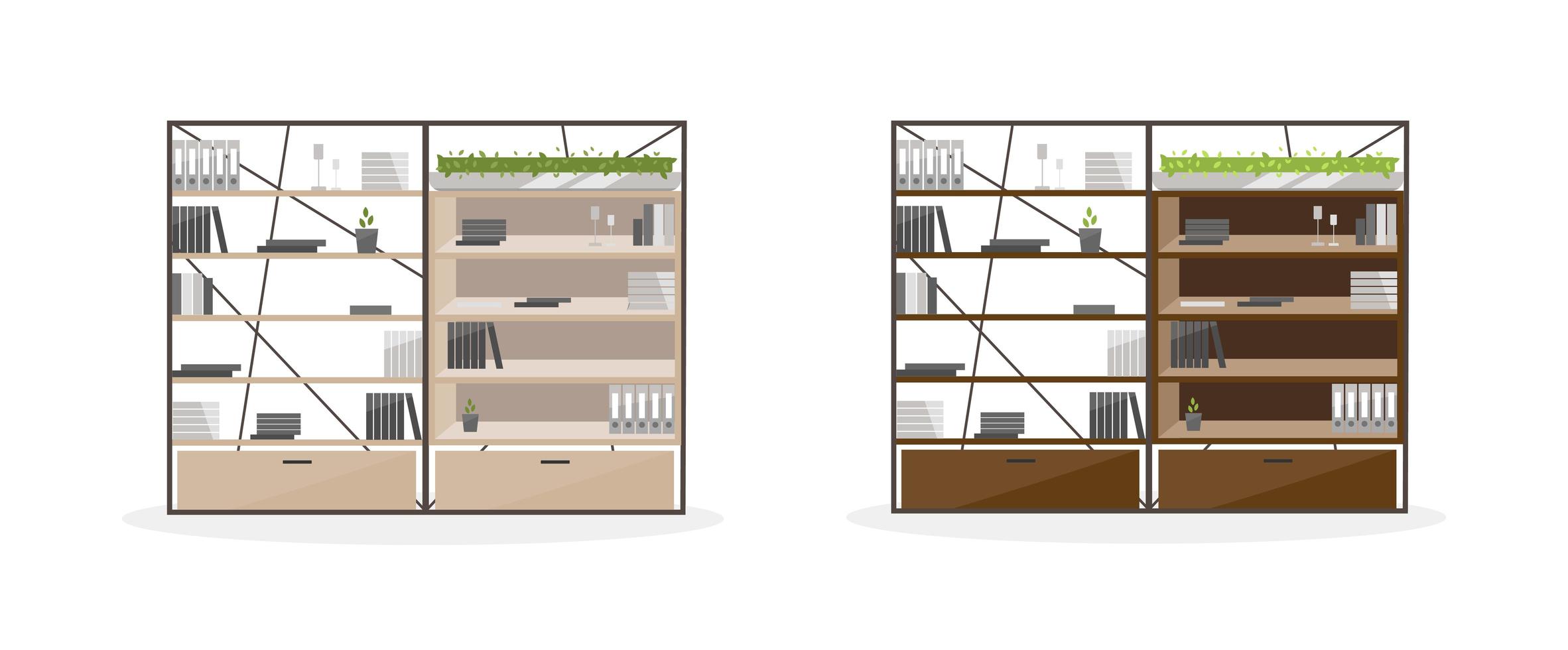 conjunto de objetos planos de estanterías de oficina vector