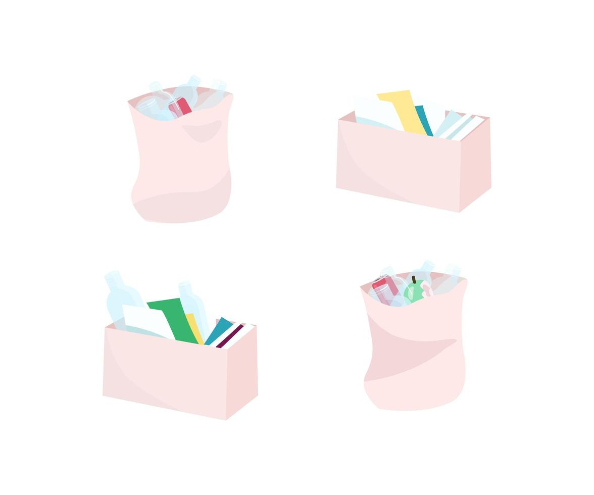 Waste boxes and bags objects set vector