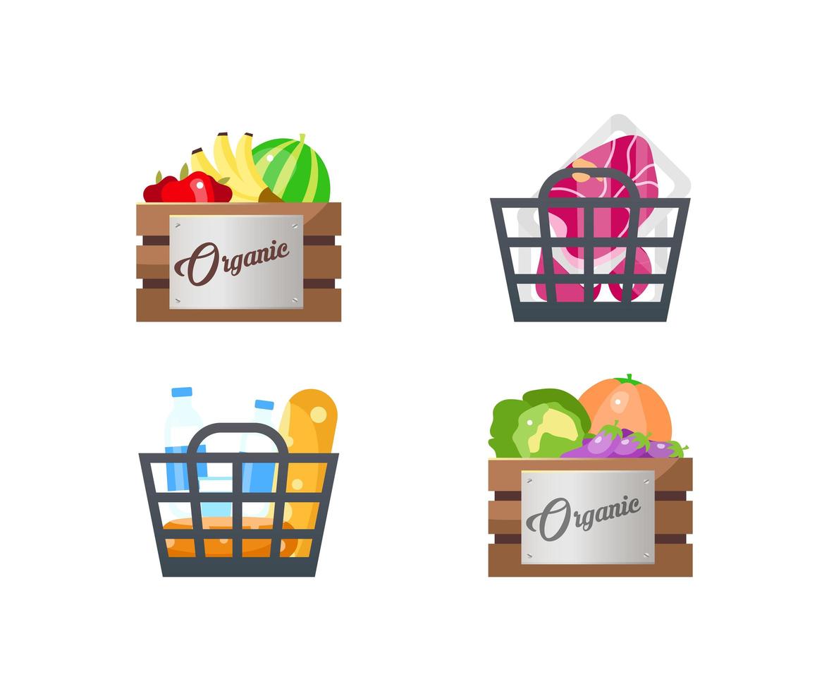 canastas de alimentos conjunto de objetos planos vector