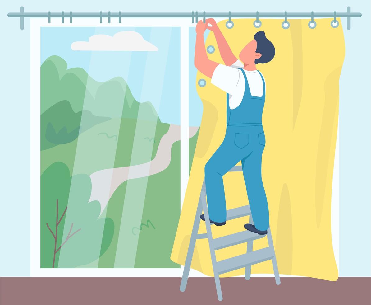 hombre colgando cortinas ilustración vector