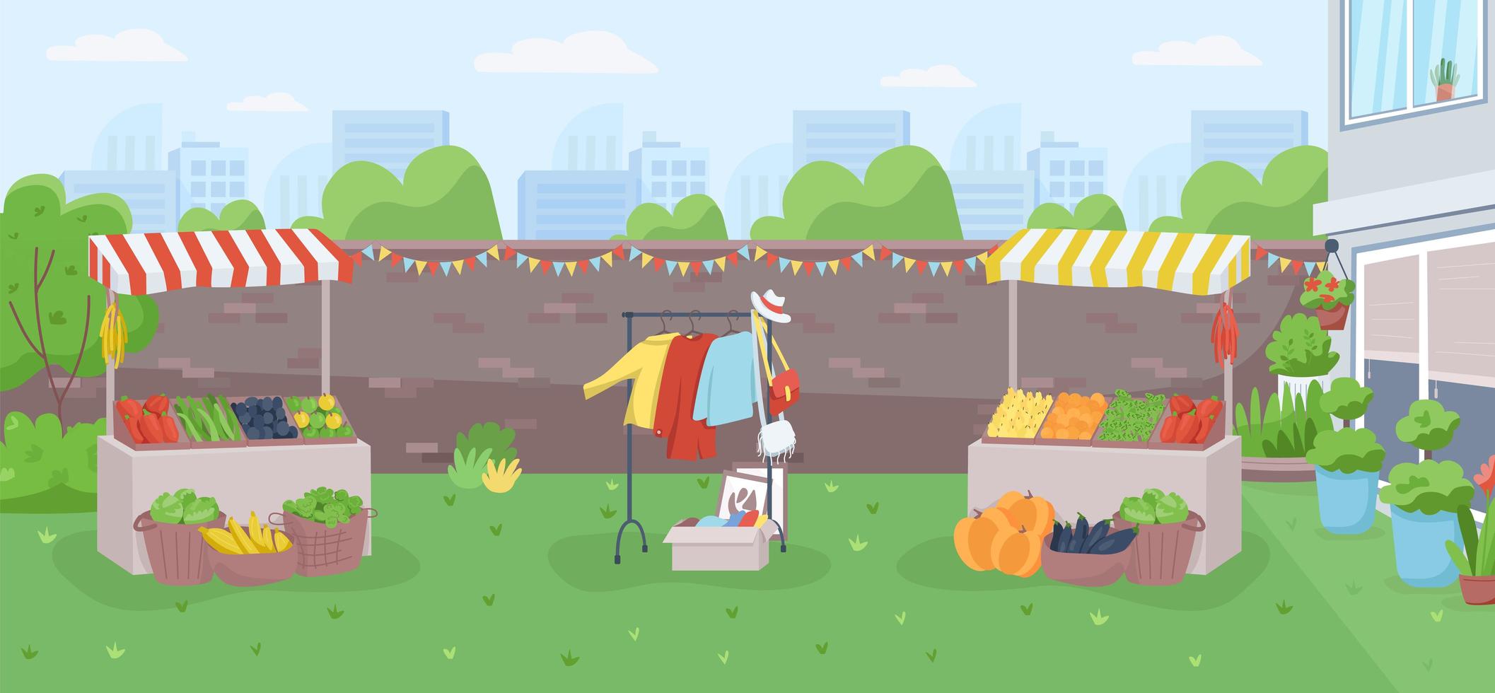 Backyard farmer market flat color vector illustration