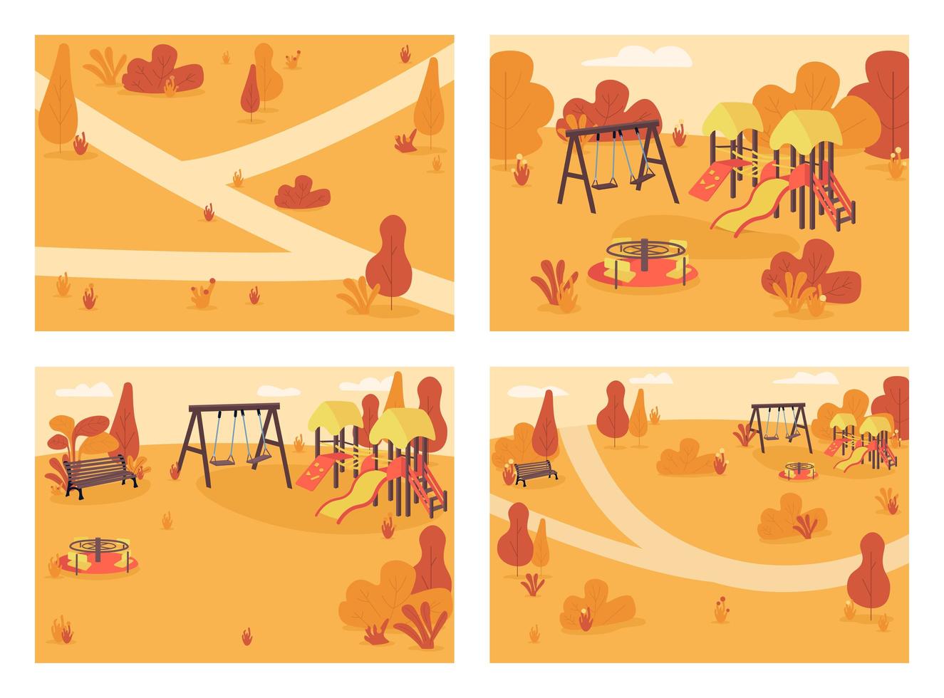 Public park in fall time flat color vector illustration set