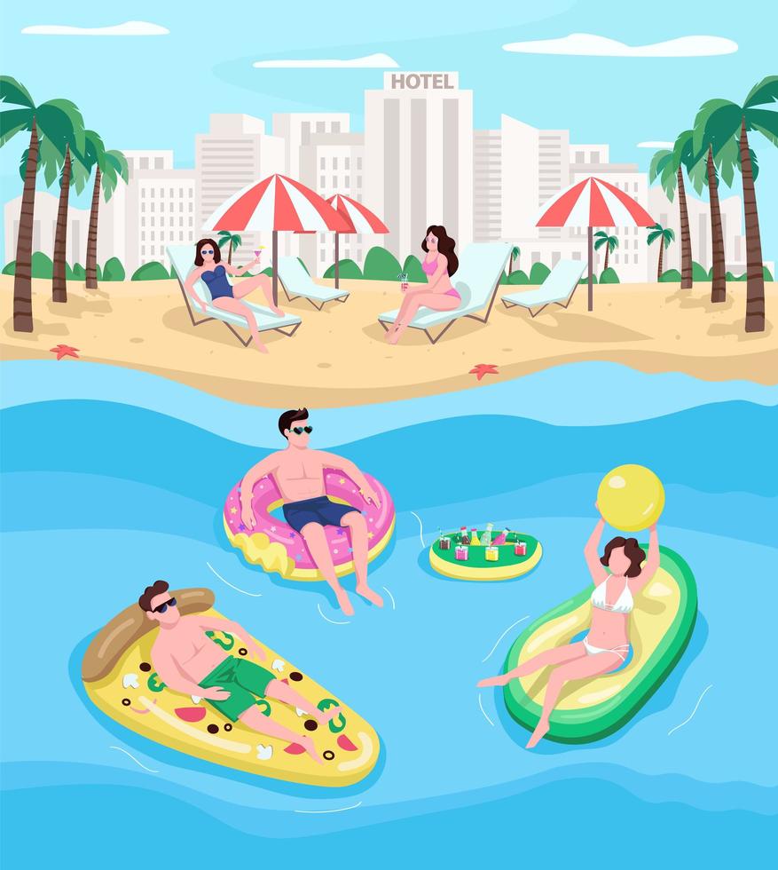 People resting at seaside resort flat color vector illustration