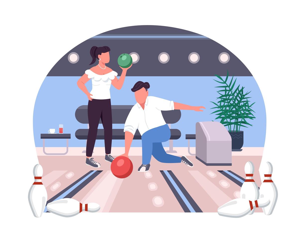 Couple in bowling alley 2D vector web banner, poster