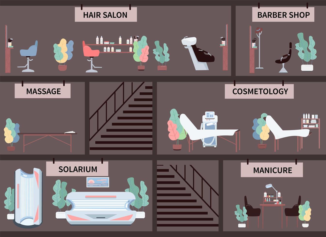 Beauty salon equipment flat color vector object set