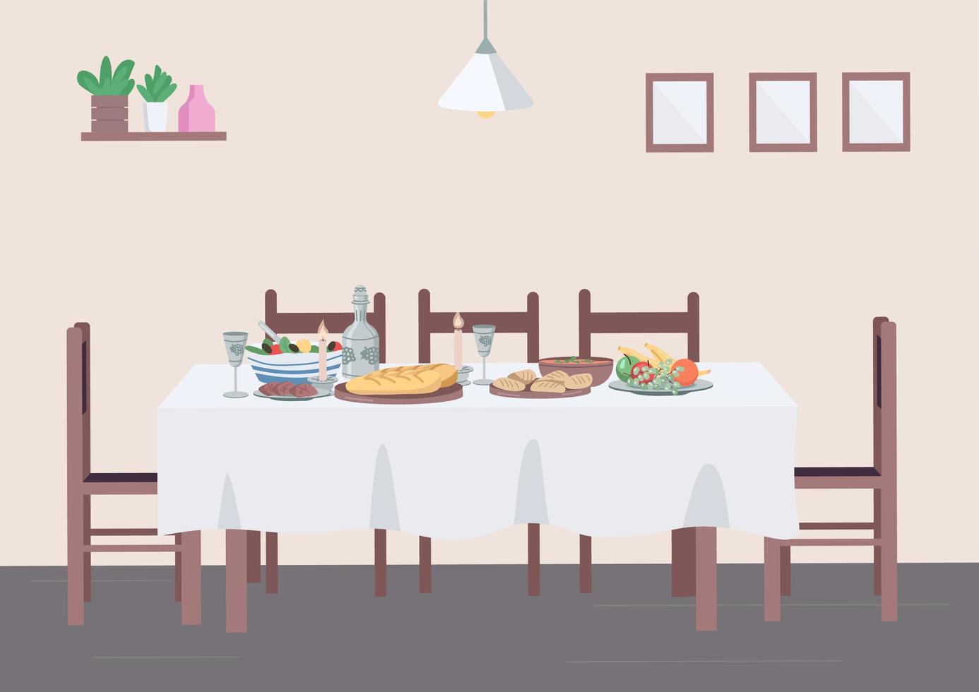 Traditional dinner at home flat color vector illustration