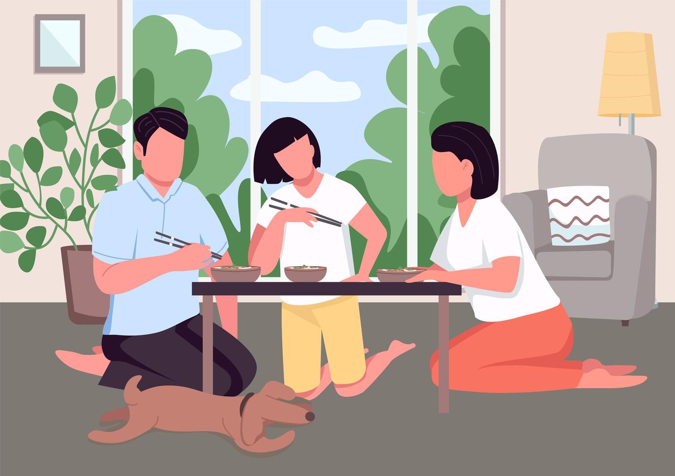 Asian family dinner flat color vector illustration