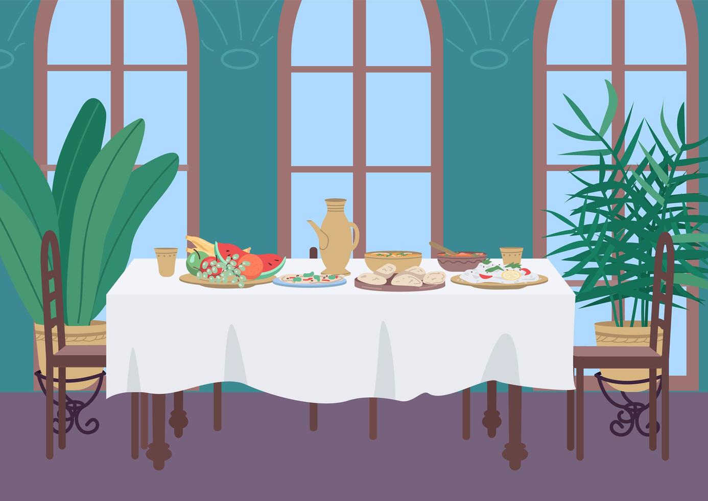 Indian dinner at home flat color vector illustration