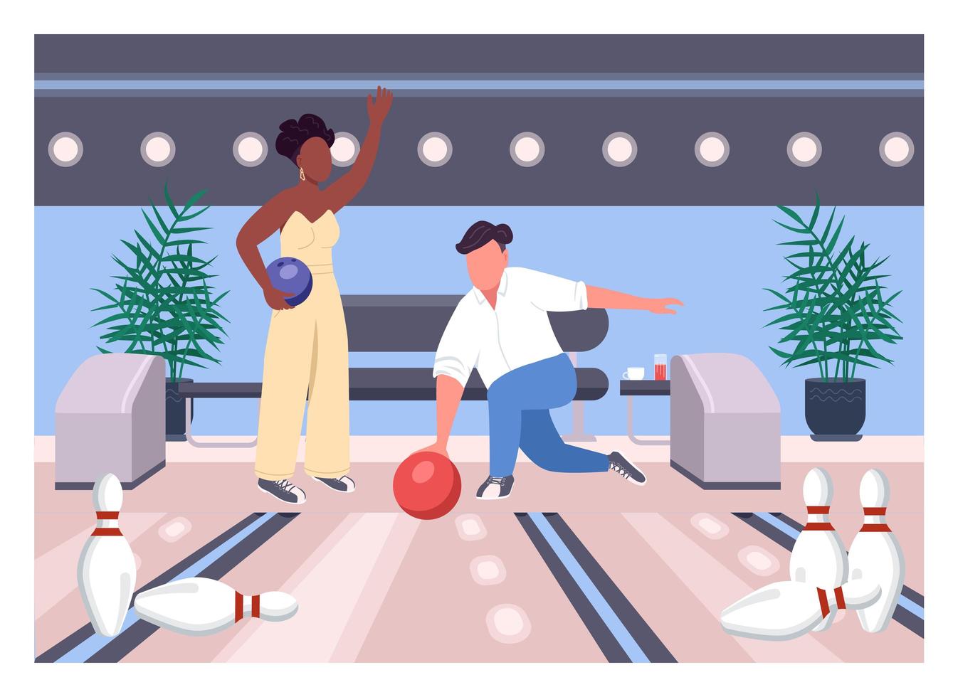 Bowling date flat color vector illustration