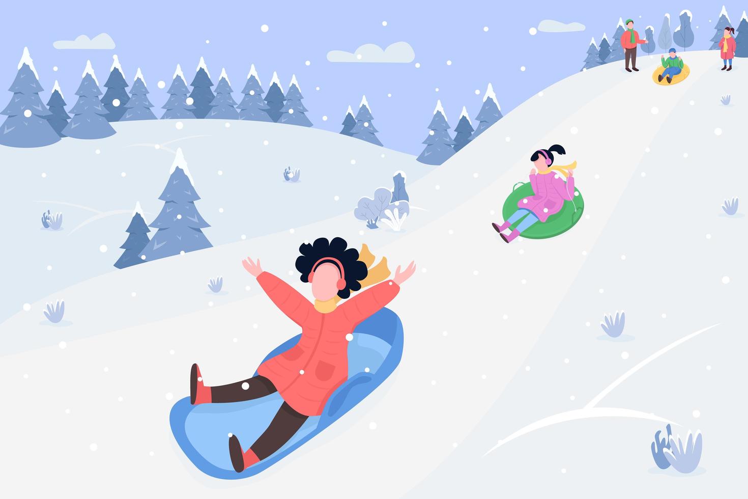 Children on sleds semi flat vector illustration