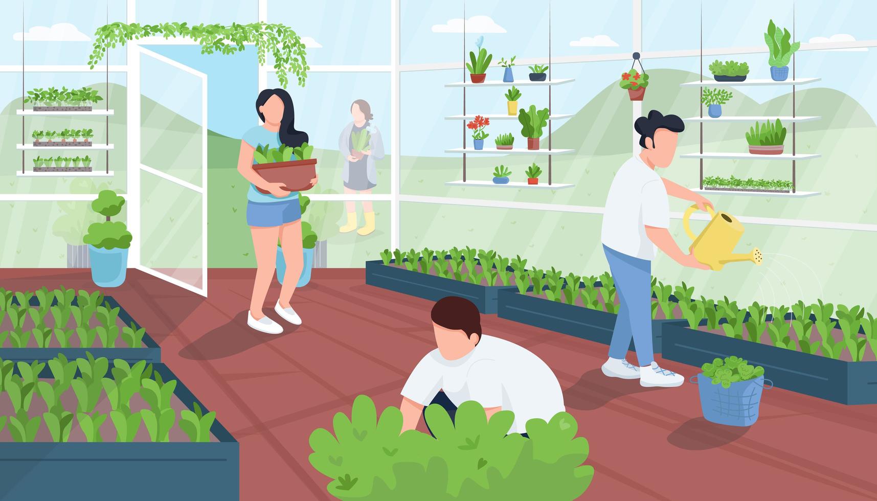 Gardeners in greenhouse flat color vector illustration