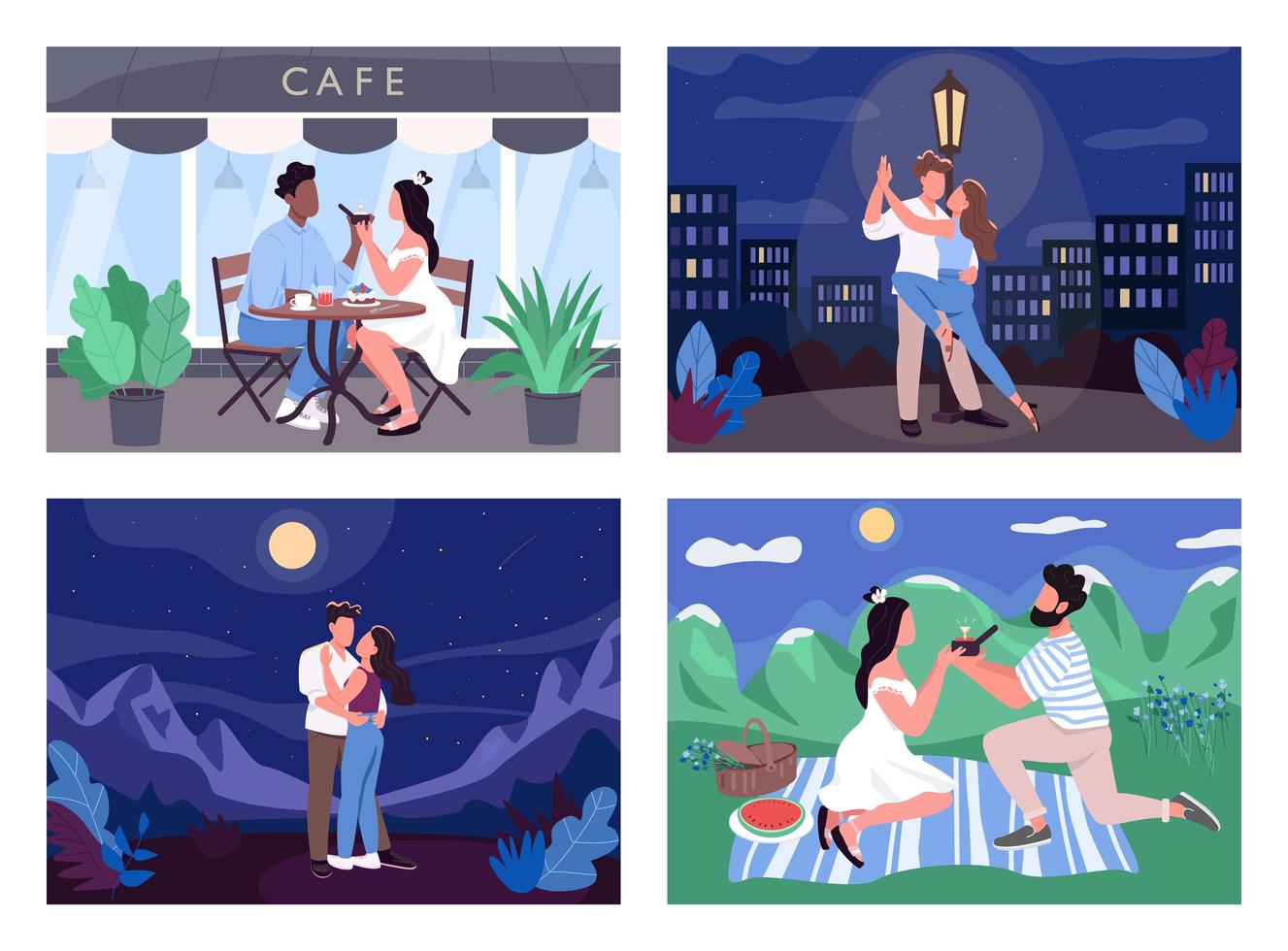 Romantic activity flat color vector illustration set