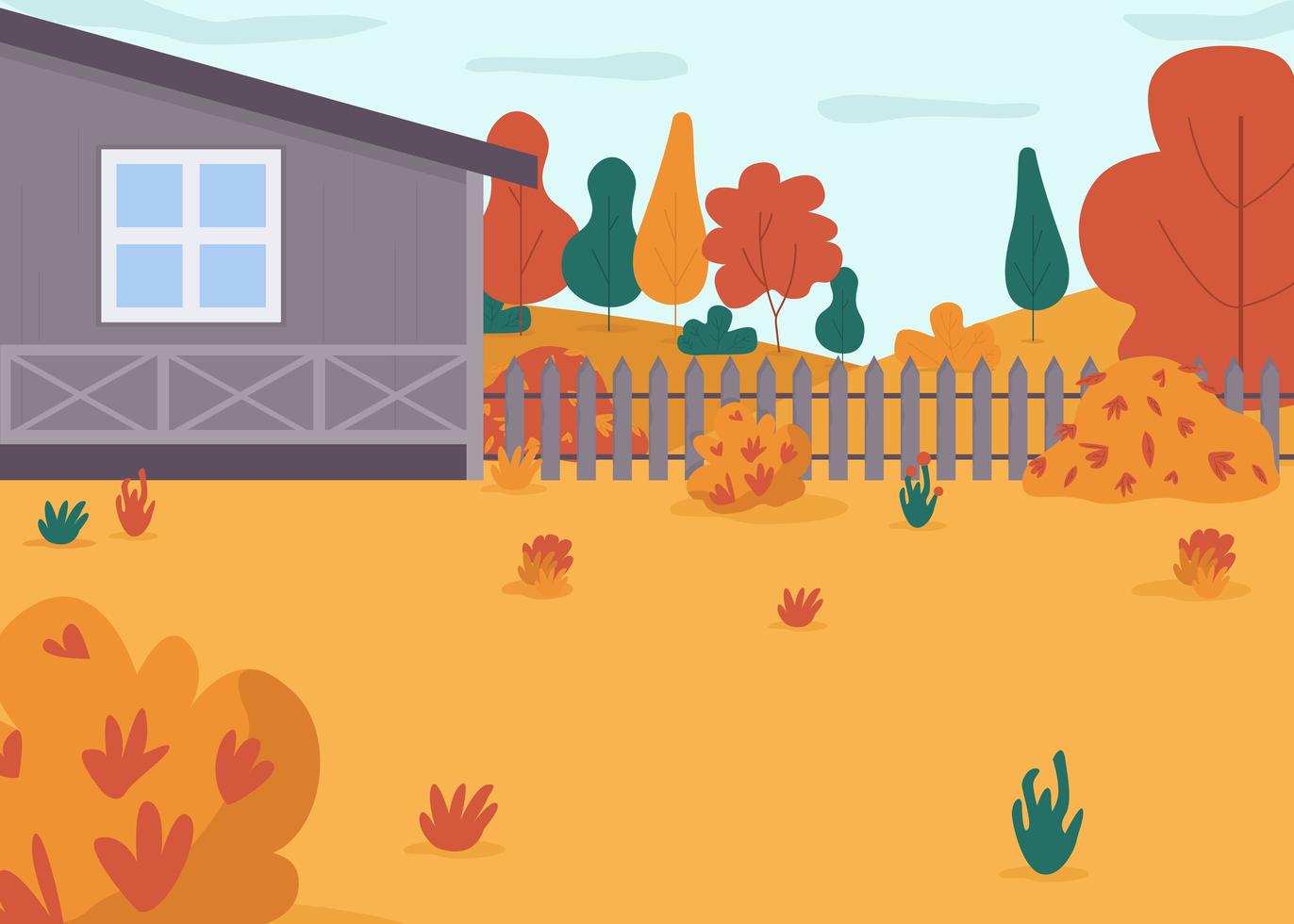 Autumn house backyard semi flat vector illustration