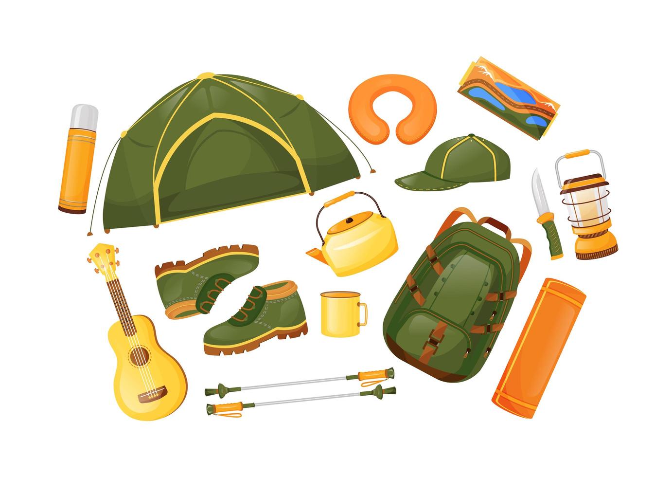 Camping gear flat color vector objects set