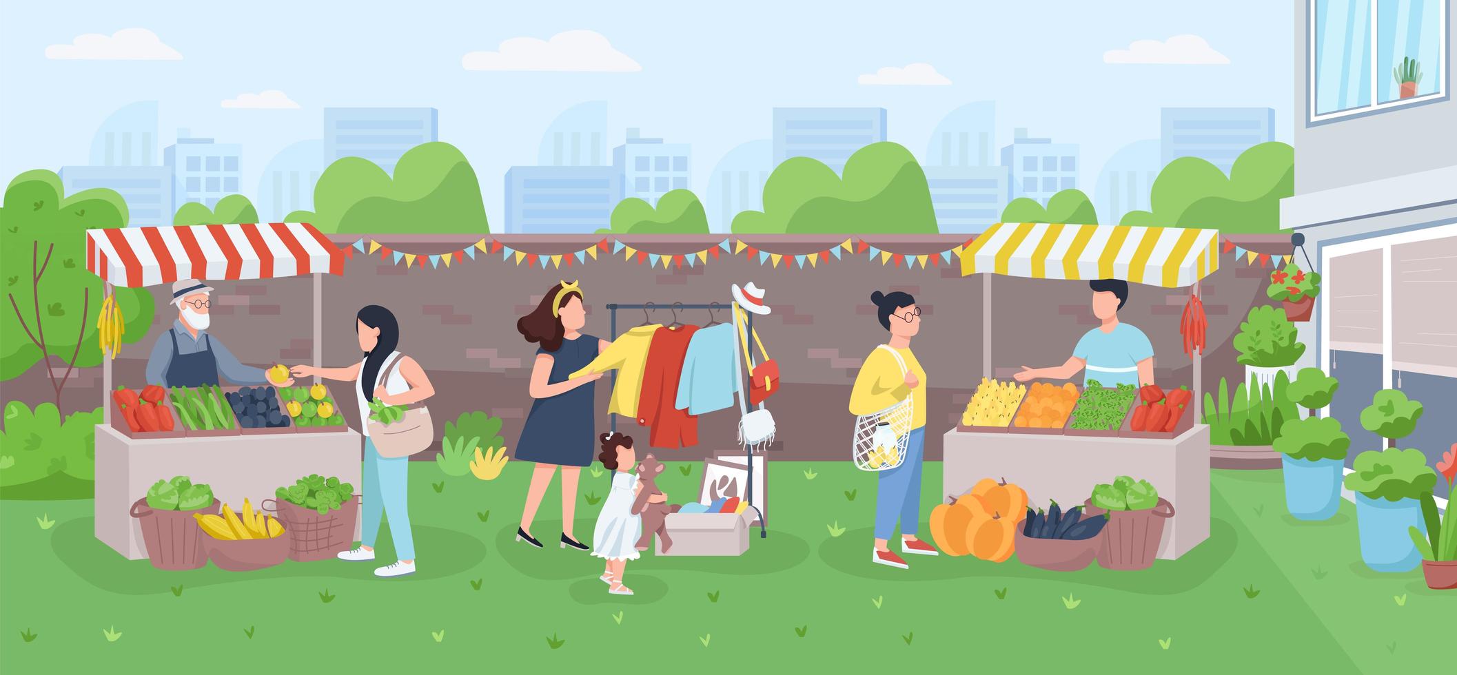 Urban farmer market flat color vector illustration