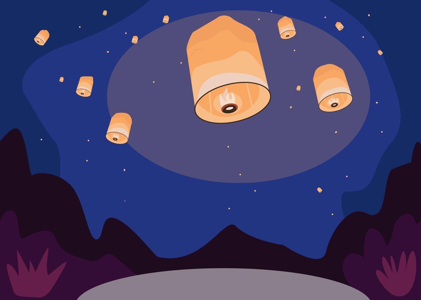 Sky lanterns flat color vector illustration