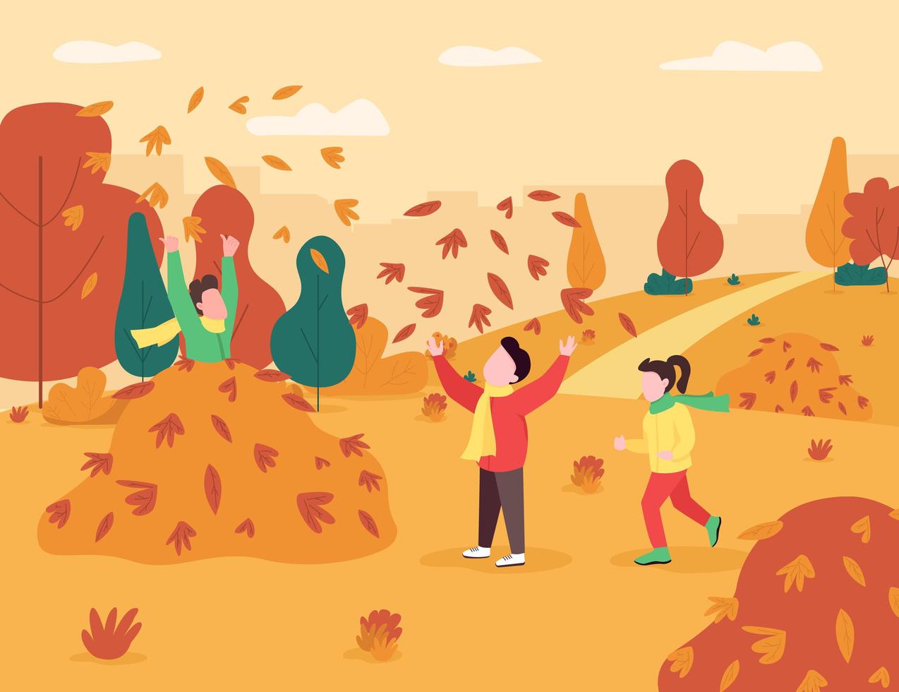 Children play in leaves pile semi flat vector illustration