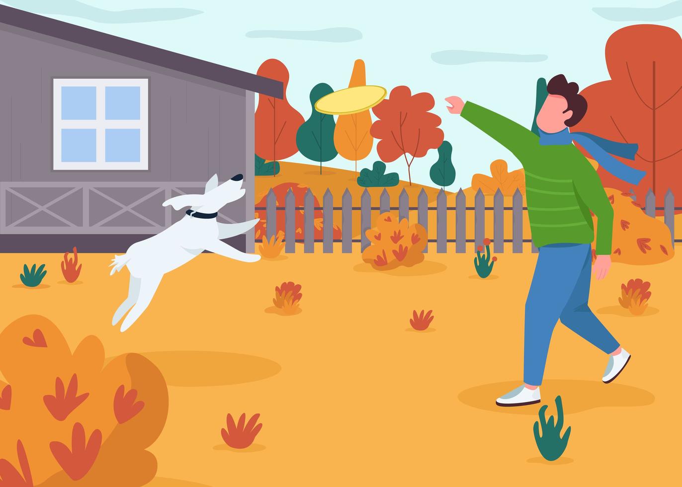 Owner play with dog semi flat vector illustration