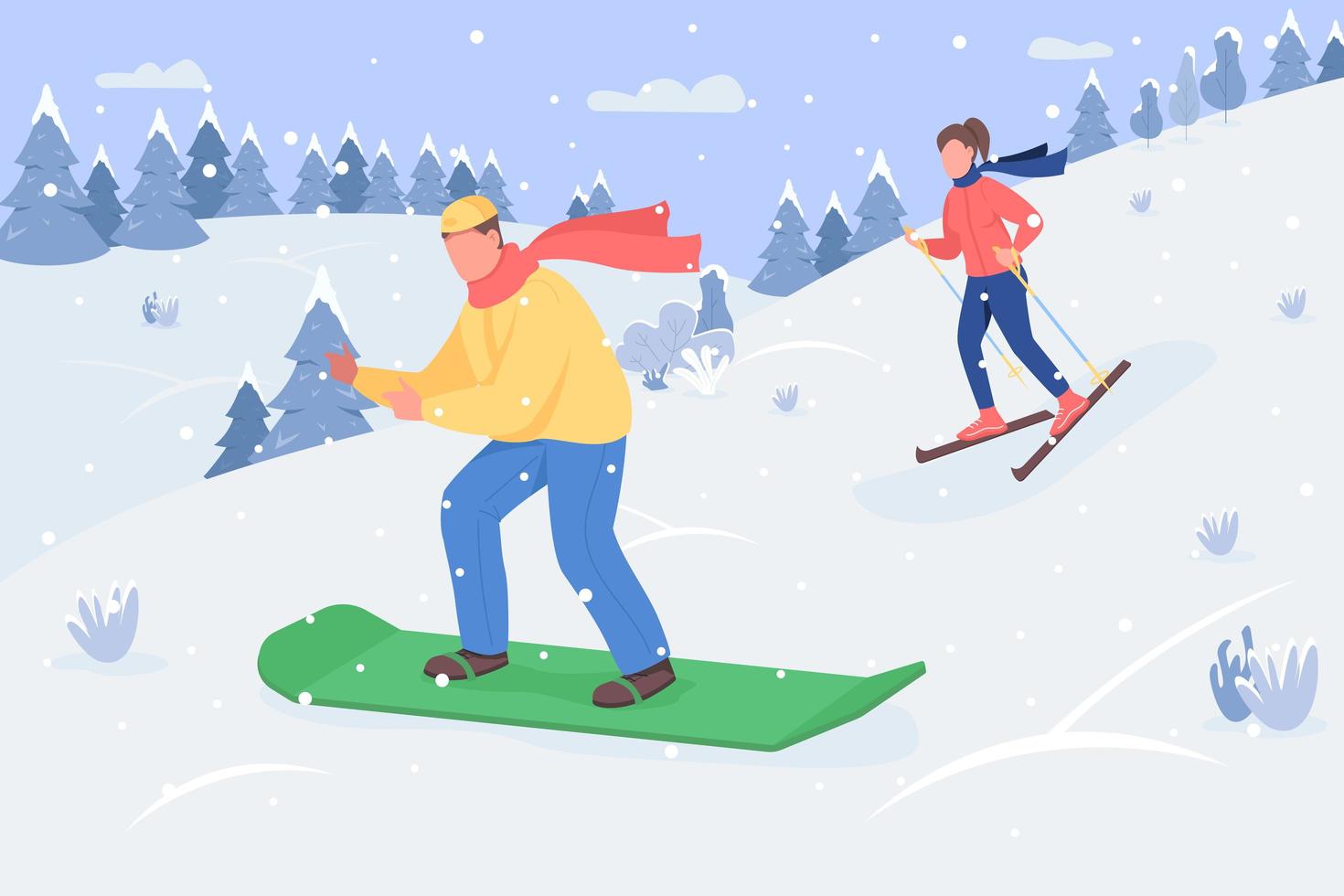 Snowboarding semi flat vector illustration