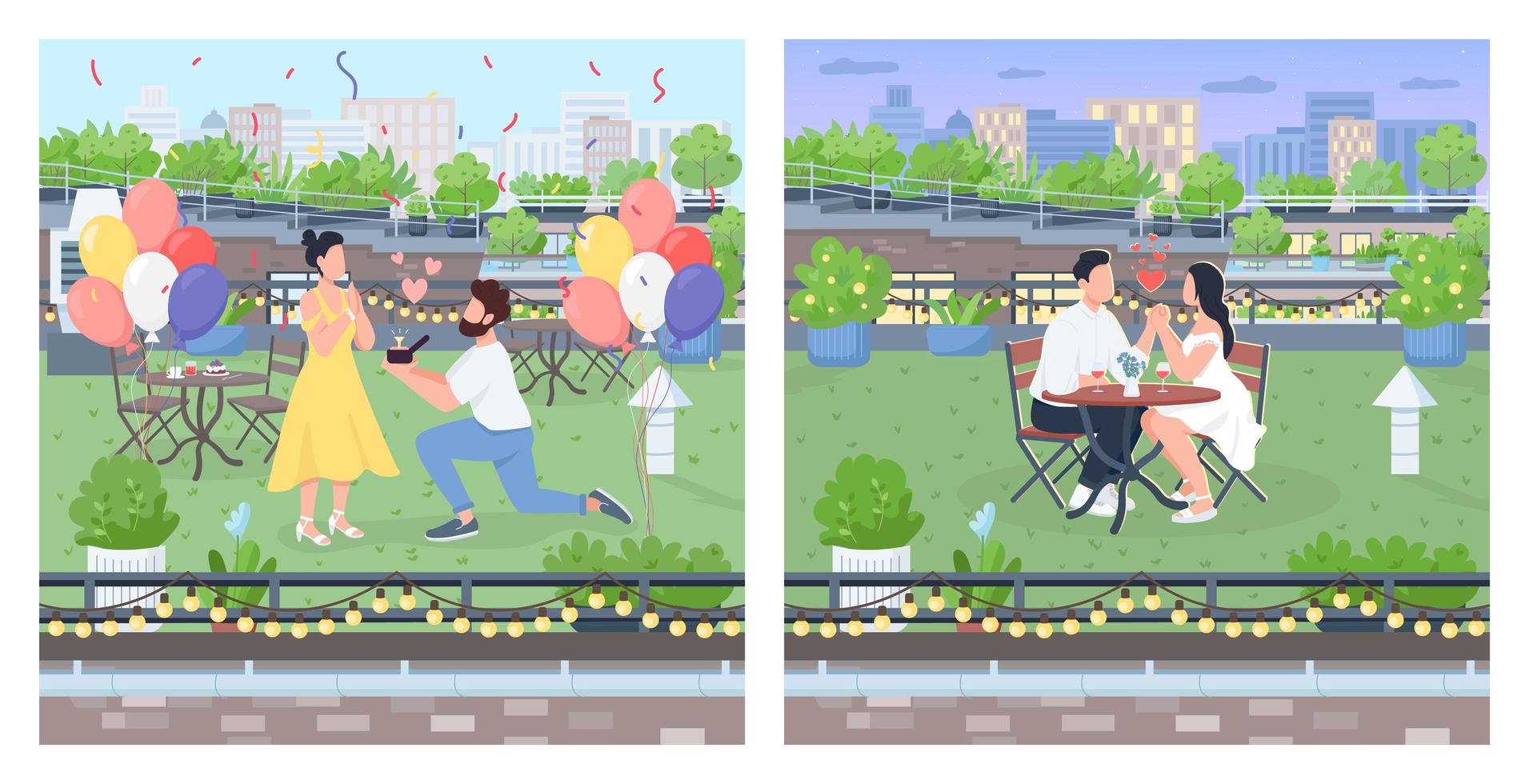 Romantic couple dates flat color vector illustration set