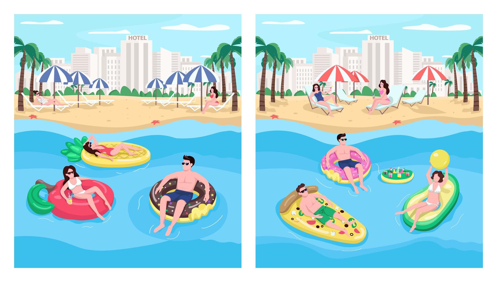 People floating on inflatables flat color vector illustration set