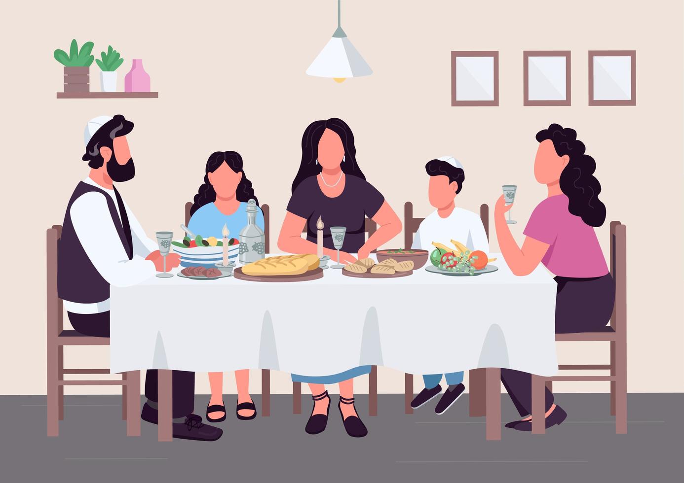 Jewish family meal flat color vector illustration