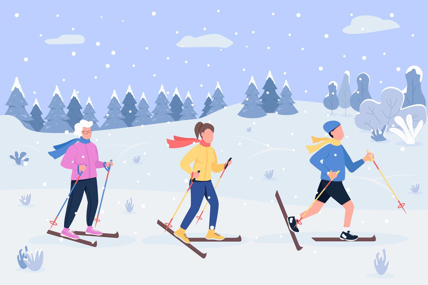 Winter skiing semi flat vector illustration