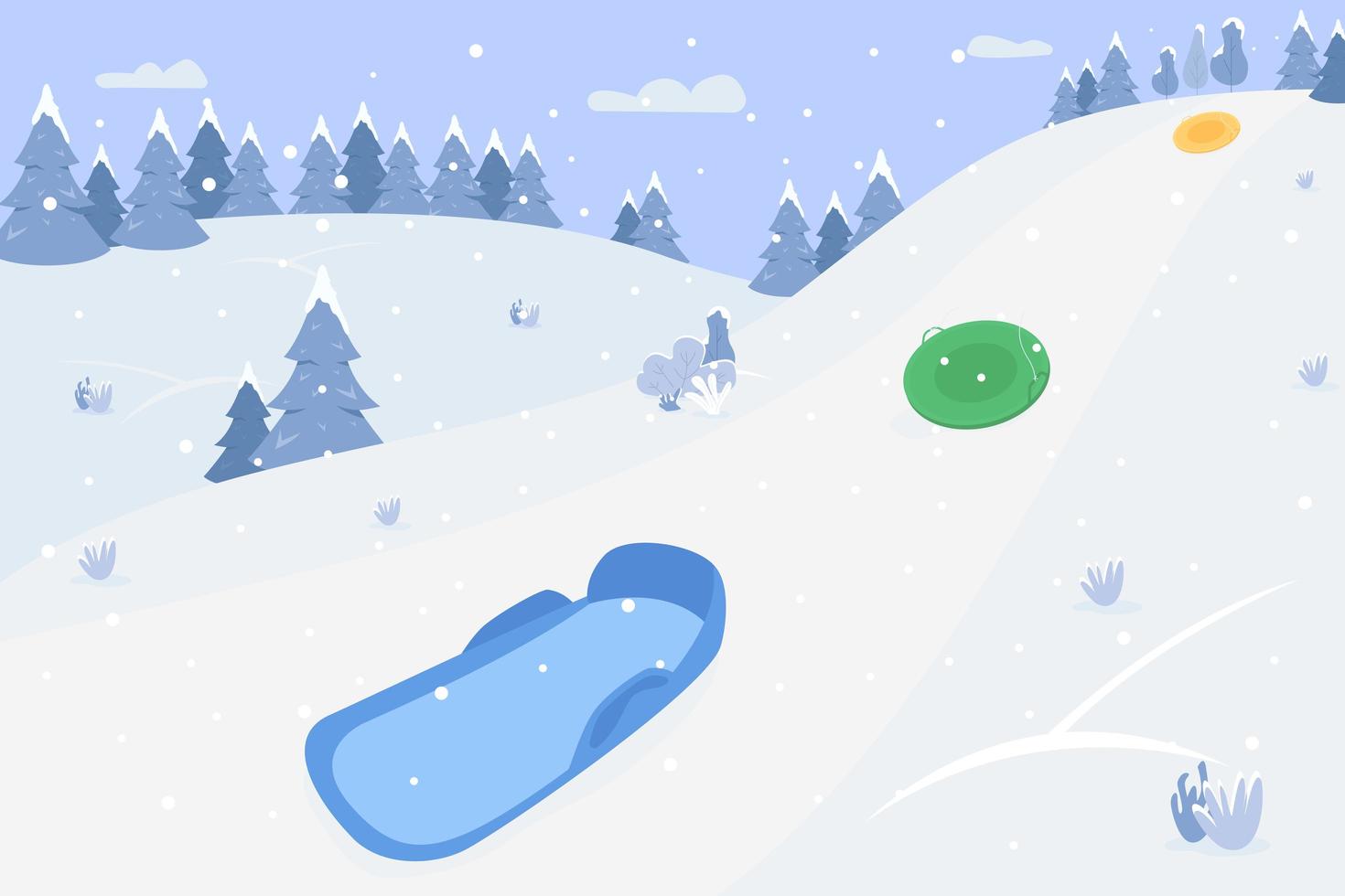 Snow hills with sleds semi flat vector illustration
