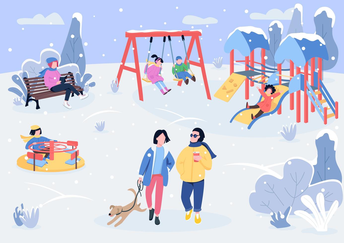 Parque de juegos de invierno con visitantes ilustración de vector de color plano