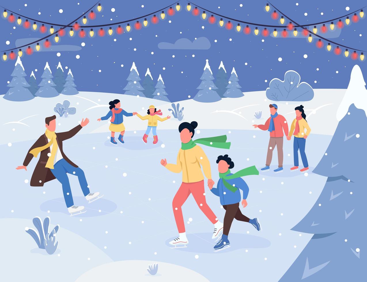 Christmas ice rink semi flat vector illustration