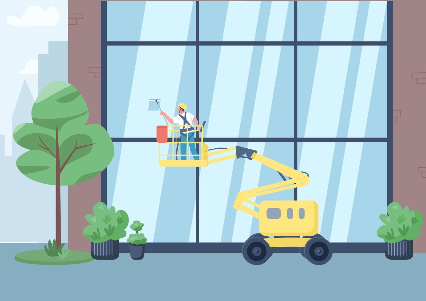 Building windows cleaning flat color vector illustration