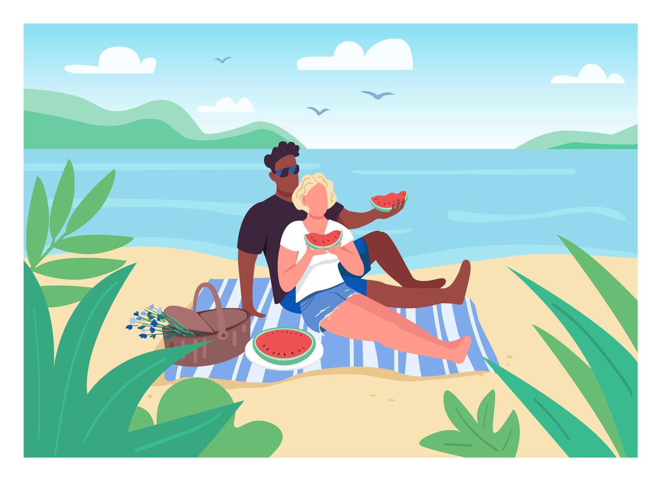 Romantic picnic on beach flat color vector illustration